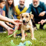 alt_text: Diverse group joyfully interacts with playful puppy in a sunny park. Subtle details hint at a safe, enriching environment.