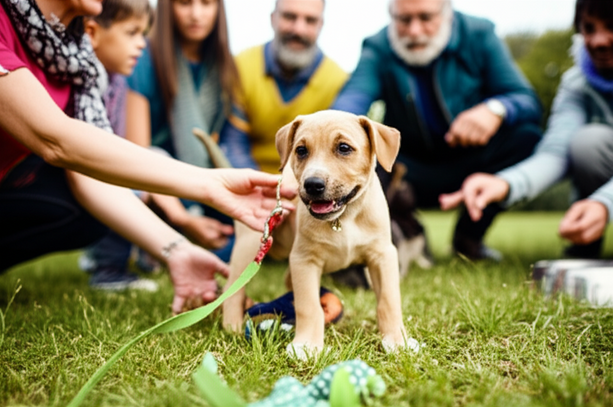 alt_text: Diverse group joyfully interacts with playful puppy in a sunny park. Subtle details hint at a safe, enriching environment.