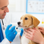 Vet gently vaccinates a calm puppy held by an assistant.