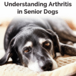 alt_text: Senior dog resting comfortably on an orthopedic bed. Book cover for arthritis guide.