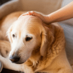 alt_text: Senior dog rests peacefully in a cozy bed, gazing lovingly at its owner.
