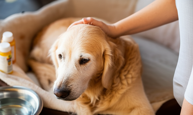 alt_text: Senior dog rests peacefully in a cozy bed, gazing lovingly at its owner.