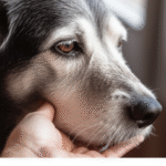 Senior dog care guide. Close-up of a peaceful old dog's face, softly lit, resting on a gentle hand.