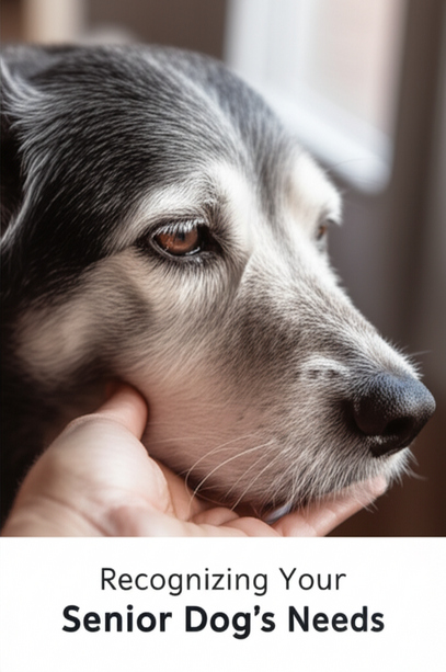 Senior dog care guide. Close-up of a peaceful old dog's face, softly lit, resting on a gentle hand.