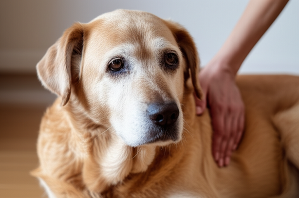 Tender touch on a senior dog, emphasizing loving care for older pets.