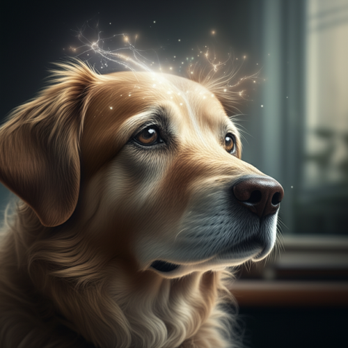 alt_text: Photorealistic portrait of a wise senior dog with subtle glowing neural pathways, representing canine cognitive decline.
