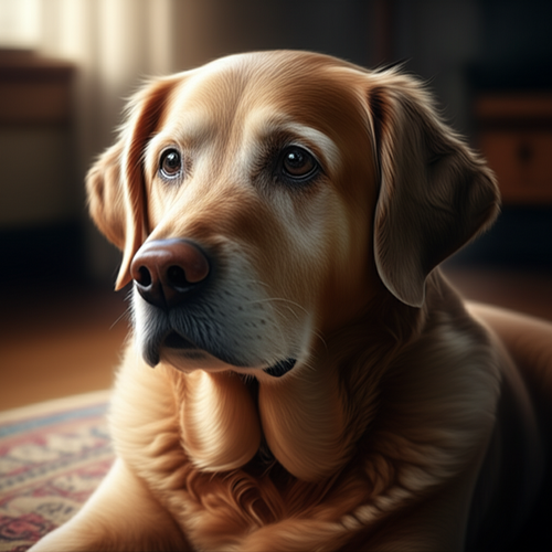 alt_text: A senior dog with a graying muzzle in a warm home, showing subtle signs of gentle confusion.