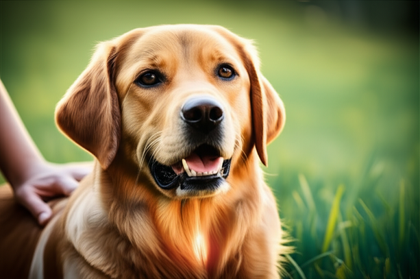 A content, healthy dog radiating well-being & vitality, subtly hinting at internal health.
