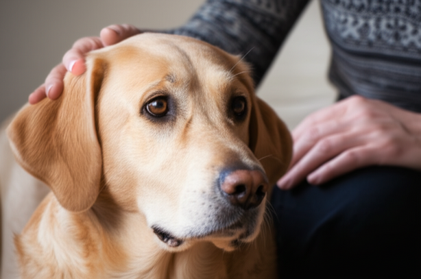 A thoughtful dog's gentle gaze, soft human touch, calm setting. Realistic, nuanced emotion.