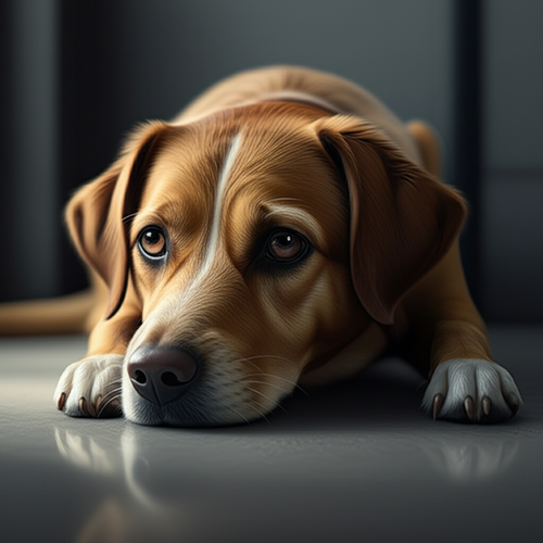 alt_text: A dog with a sad, withdrawn expression and slumped posture, conveying canine depression.