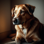 A realistic, empathetic photo of a medium dog subtly showing anxiety in a calm home setting.