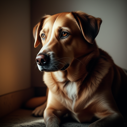 A realistic, empathetic photo of a medium dog subtly showing anxiety in a calm home setting.