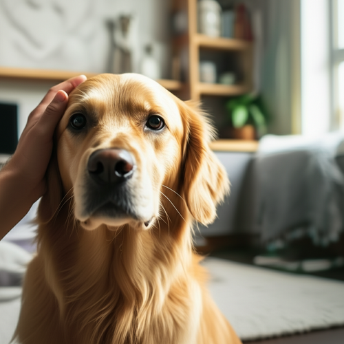 A gentle dog with a comforting human hand, in a cozy home, symbolizing hope for canine diabetes.