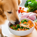 A happy dog eating wholesome homemade food. Fresh raw ingredients (meat, veggies) are visible in the background.