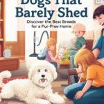 alt_text: A cozy living room with a fluffy dog playing with kids, showcasing low-shedding breeds and cleanliness.