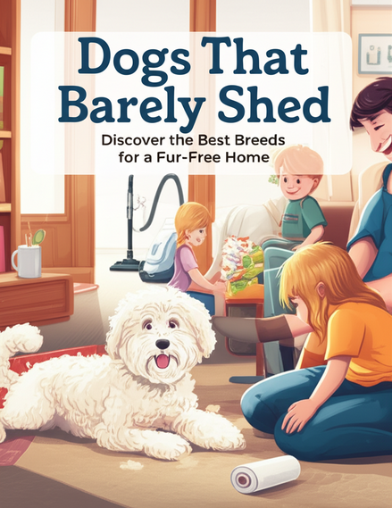 alt_text: A cozy living room with a fluffy dog playing with kids, showcasing low-shedding breeds and cleanliness.