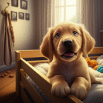 alt_text: A puppy whines in a cozy crate, surrounded by soft lighting, toys, and hints of home.