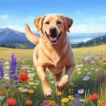 alt_text: A playful Labrador running through a vibrant meadow, framed by a clear sky and distant mountains.